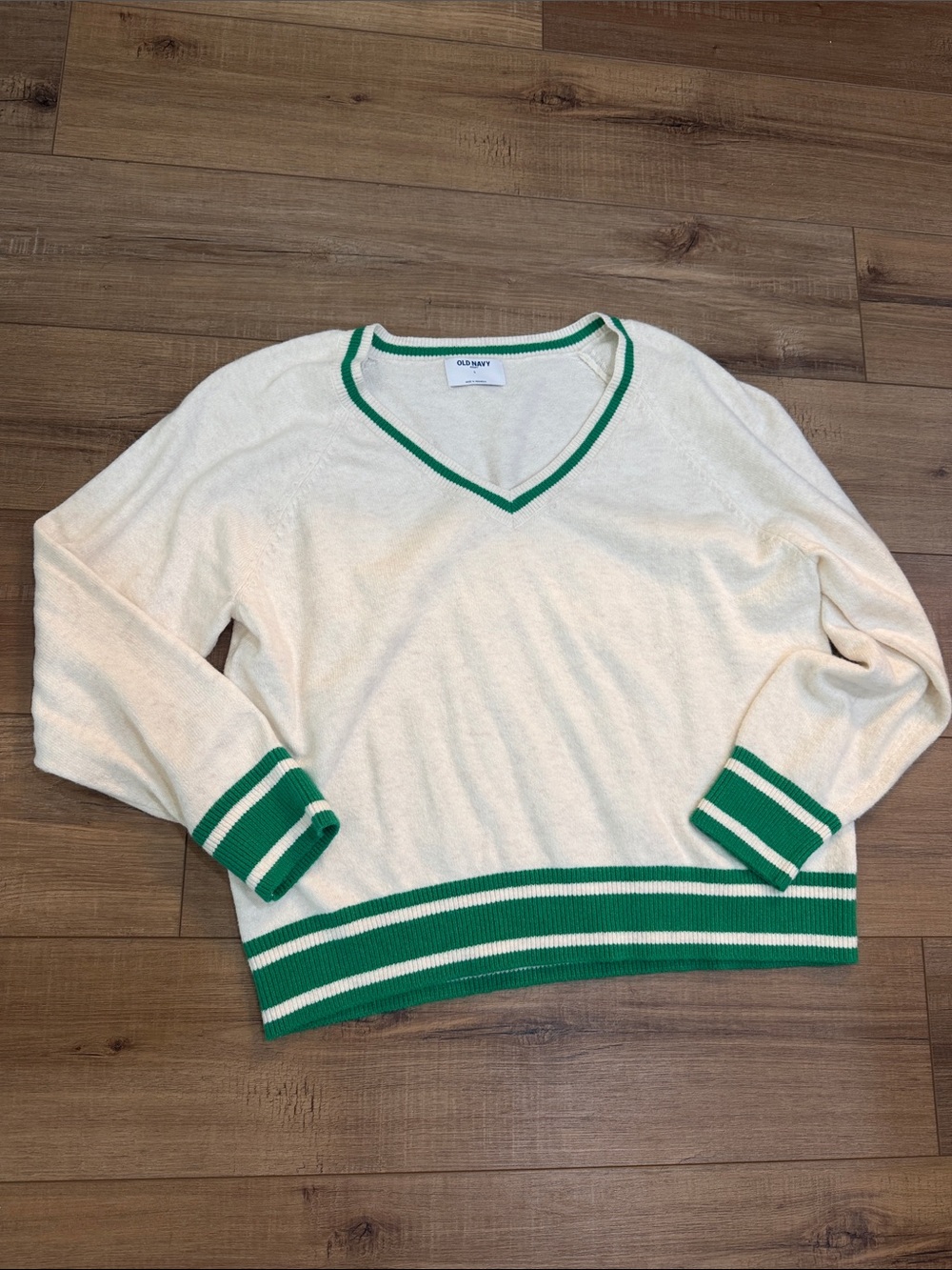Old Navy Cream V-Neck Sweater with Green Stripe Accents